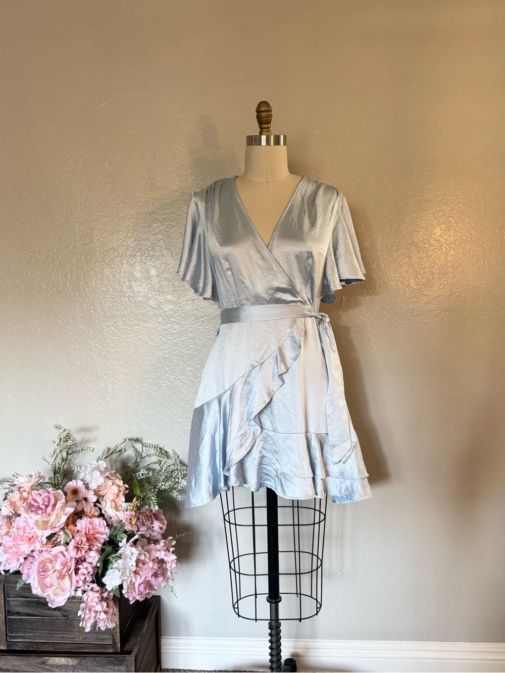 Light Blue Wrap Mini Dress with Ruffle Hem